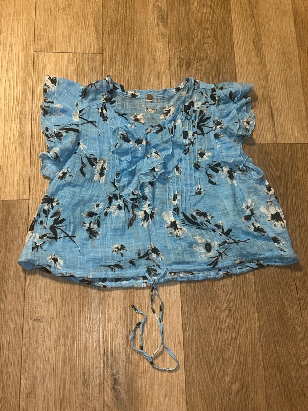Free People (FP One) Light Blue Floral Ruffle Tie-Hem Blouse